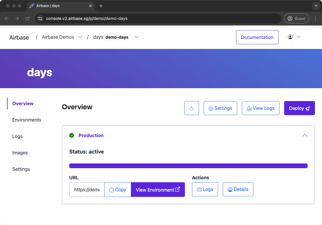 Screenshot of the Airbase Overview page